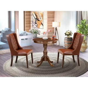 East West Furniture ESFO3-MAH-46 3 Piece Dinette Set for Small Spaces Contains a Round Dining Table with Pedestal and 2 Brown Faux Faux Leather Upholstered Chairs, 30x30 Inch, Mahogany