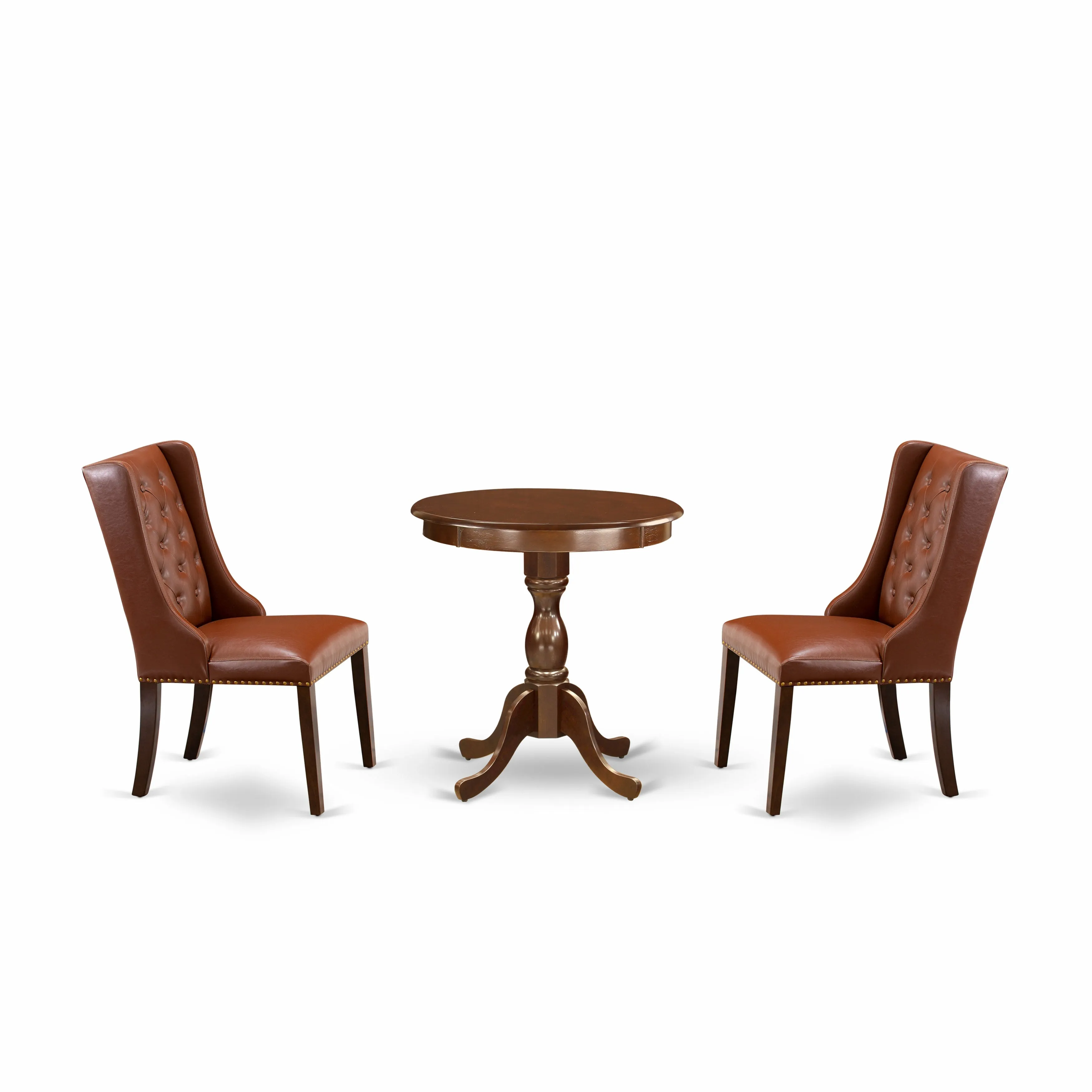 East West Furniture ESFO3-MAH-46 3 Piece Dinette Set for Small Spaces Contains a Round Dining Table with Pedestal and 2 Brown Faux Faux Leather Upholstered Chairs, 30x30 Inch, Mahogany