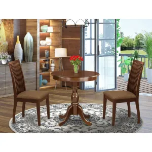 East West Furniture ESIP3-MAH-C 3 Piece Modern Dining Table Set Contains a Round Wooden Table with Pedestal and 2 Linen Fabric Upholstered Dining Chairs, 30x30 Inch, Mahogany