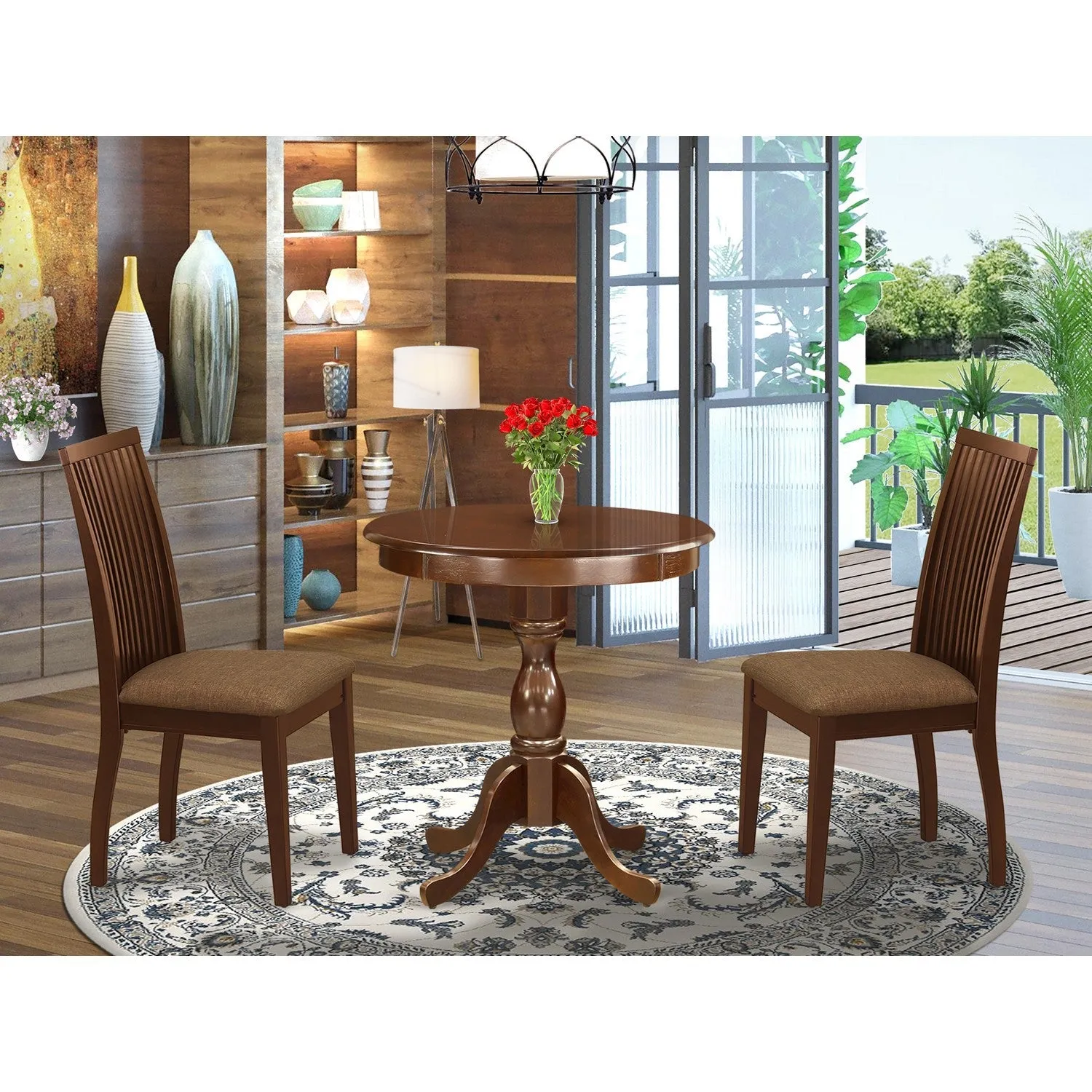East West Furniture ESIP3-MAH-C 3 Piece Modern Dining Table Set Contains a Round Wooden Table with Pedestal and 2 Linen Fabric Upholstered Dining Chairs, 30x30 Inch, Mahogany