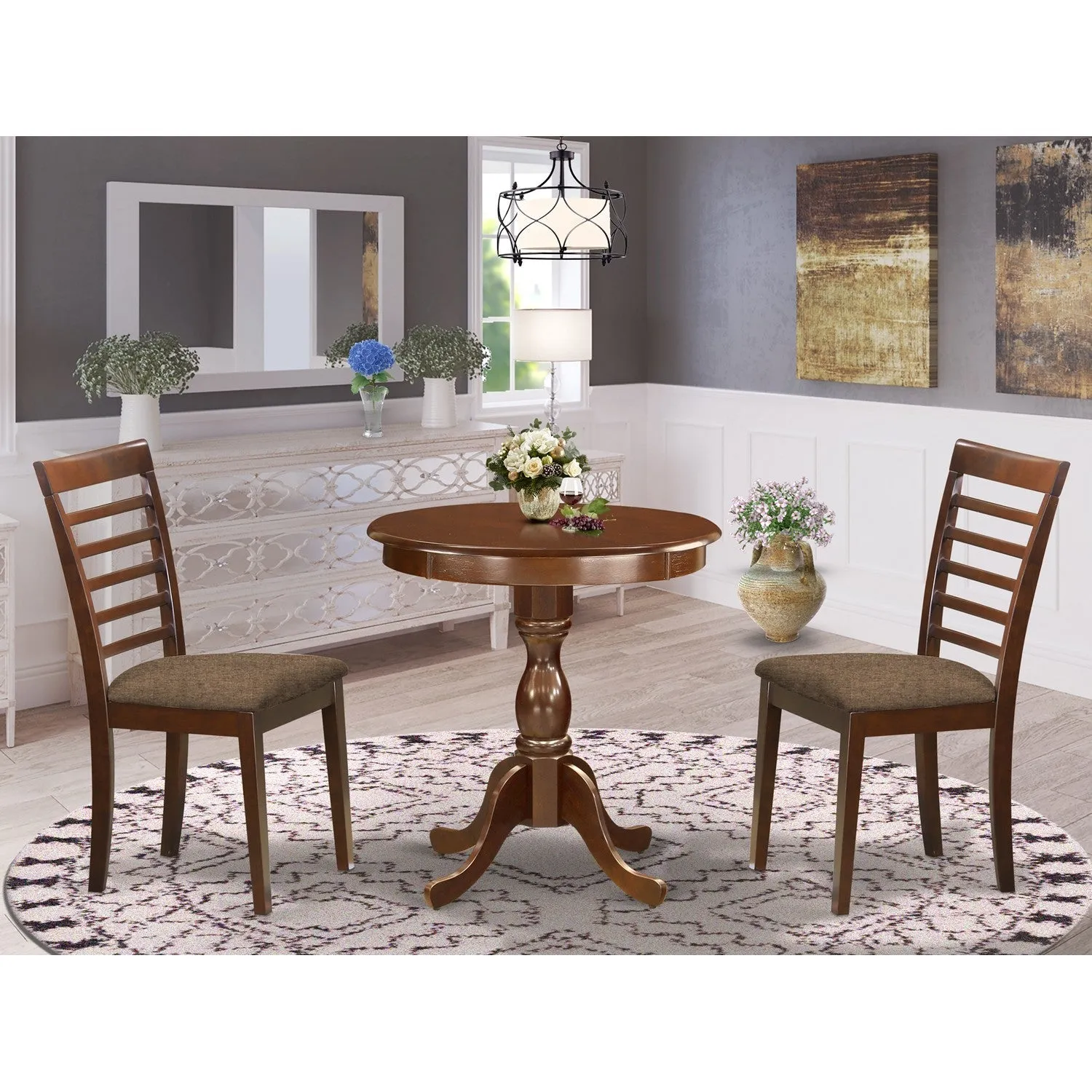 East West Furniture ESML3-MAH-C 3 Piece Kitchen Table & Chairs Set Contains a Round Dining Table with Pedestal and 2 Linen Fabric Dining Room Chairs, 30x30 Inch, Mahogany