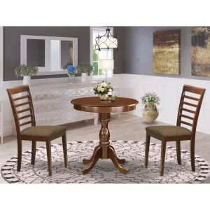 East West Furniture ESML3-MAH-C 3 Piece Kitchen Table & Chairs Set Contains a Round Dining Table with Pedestal and 2 Linen Fabric Dining Room Chairs, 30x30 Inch, Mahogany