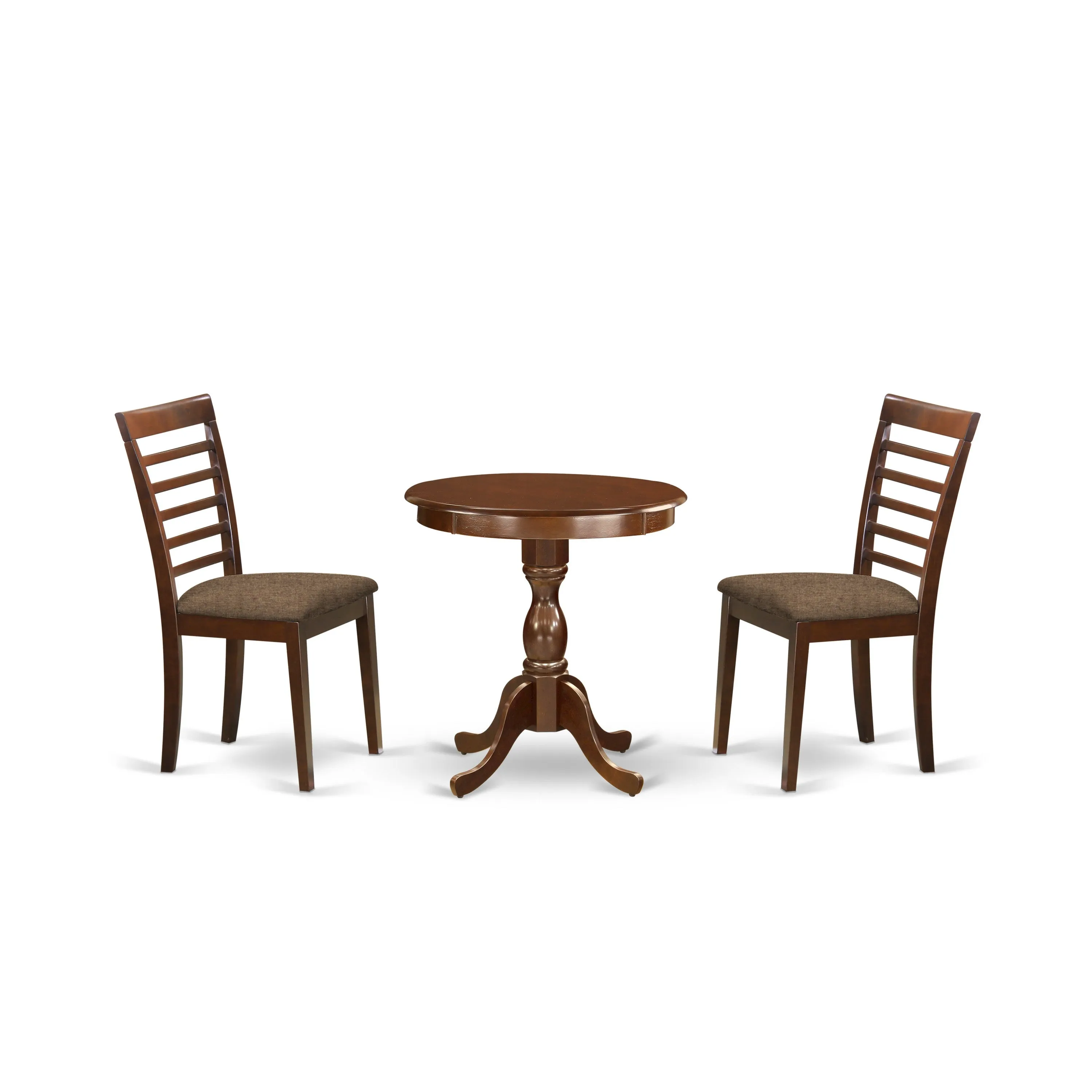 East West Furniture ESML3-MAH-C 3 Piece Kitchen Table & Chairs Set Contains a Round Dining Table with Pedestal and 2 Linen Fabric Dining Room Chairs, 30x30 Inch, Mahogany