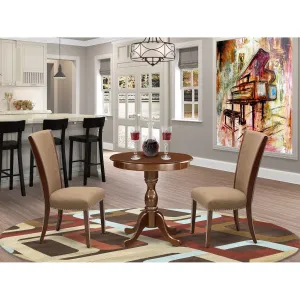East West Furniture ESVE3-MAH-47 3 Piece Modern Dining Table Set Contains a Round Wooden Table and 2 Light Sable Linen Fabric Upholstered Chairs, 30x30 Inch, Mahogany