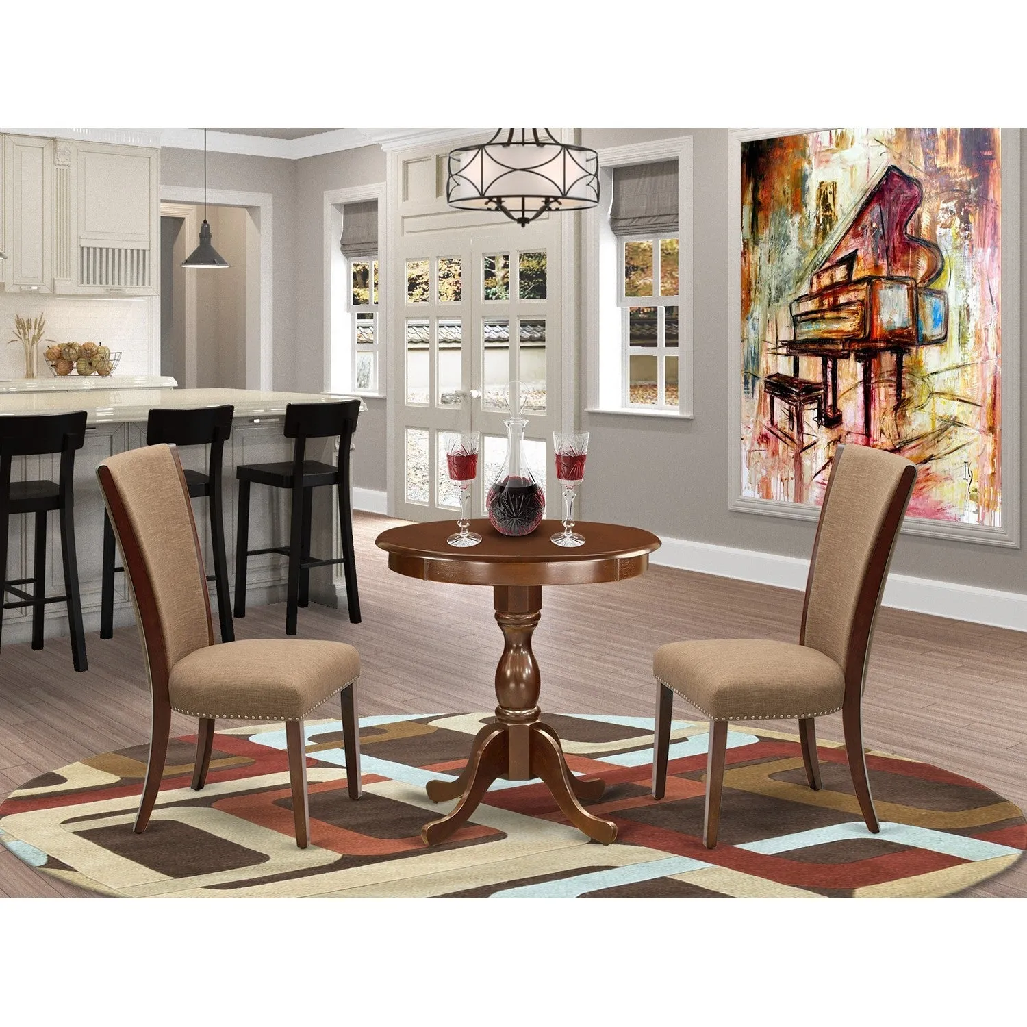 East West Furniture ESVE3-MAH-47 3 Piece Modern Dining Table Set Contains a Round Wooden Table and 2 Light Sable Linen Fabric Upholstered Chairs, 30x30 Inch, Mahogany