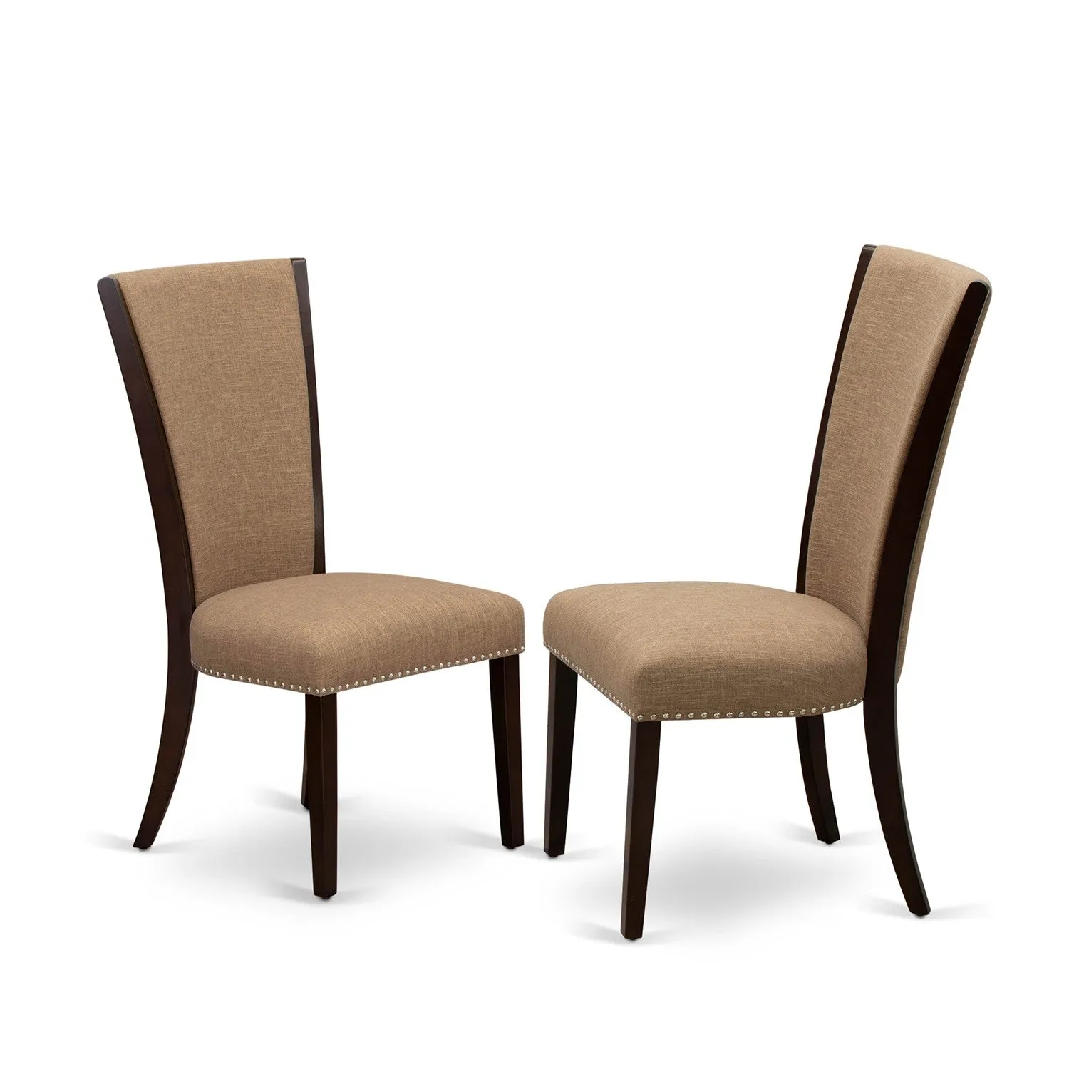 East West Furniture ESVE3-MAH-47 3 Piece Modern Dining Table Set Contains a Round Wooden Table and 2 Light Sable Linen Fabric Upholstered Chairs, 30x30 Inch, Mahogany