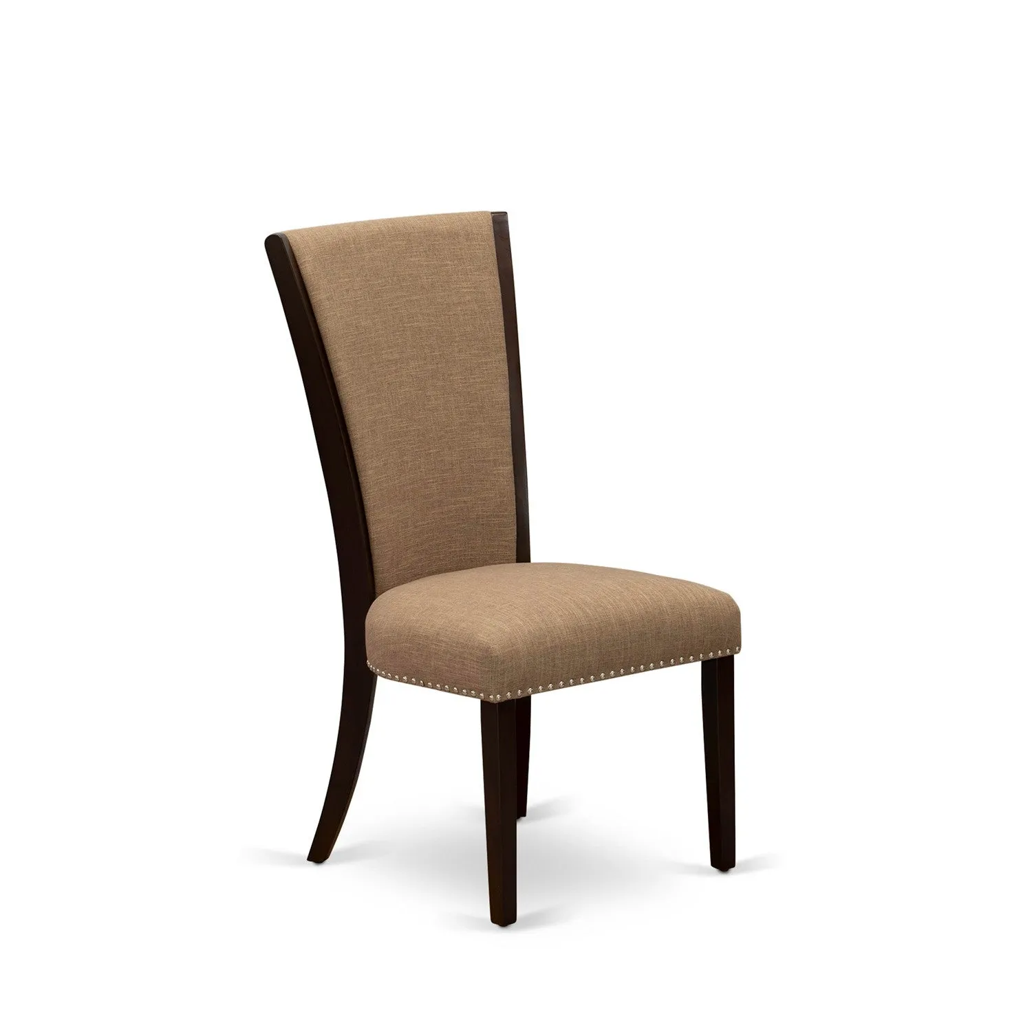 East West Furniture ESVE3-MAH-47 3 Piece Modern Dining Table Set Contains a Round Wooden Table and 2 Light Sable Linen Fabric Upholstered Chairs, 30x30 Inch, Mahogany