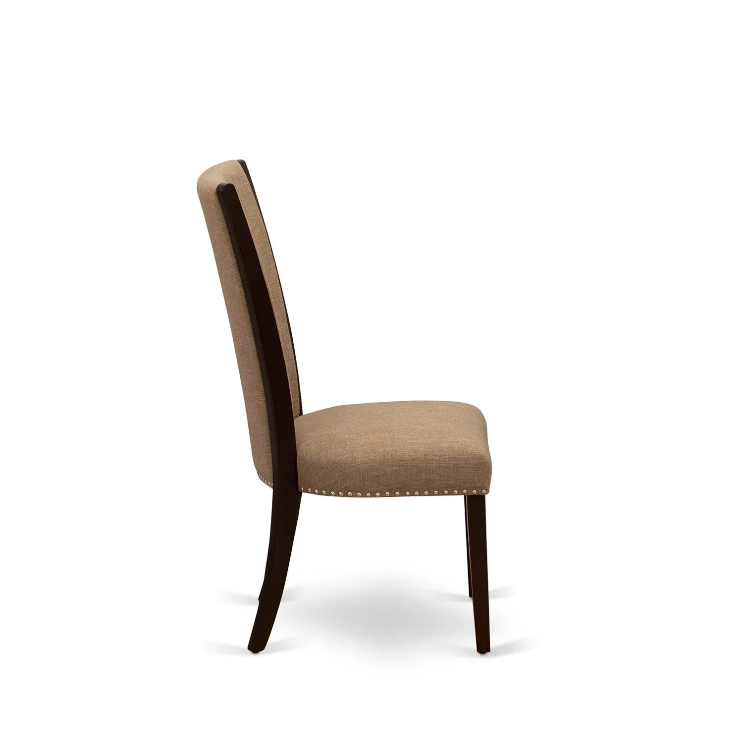 East West Furniture ESVE3-MAH-47 3 Piece Modern Dining Table Set Contains a Round Wooden Table and 2 Light Sable Linen Fabric Upholstered Chairs, 30x30 Inch, Mahogany