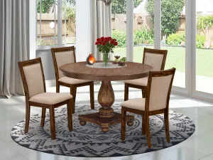 East West Furniture F2MZ5-N04 5 Piece Dining Room Furniture Set Includes a Round Dining Table with Pedestal and 4 Light Tan Linen Fabric Upholstered Chairs, 48x48 Inch, Antique Walnut