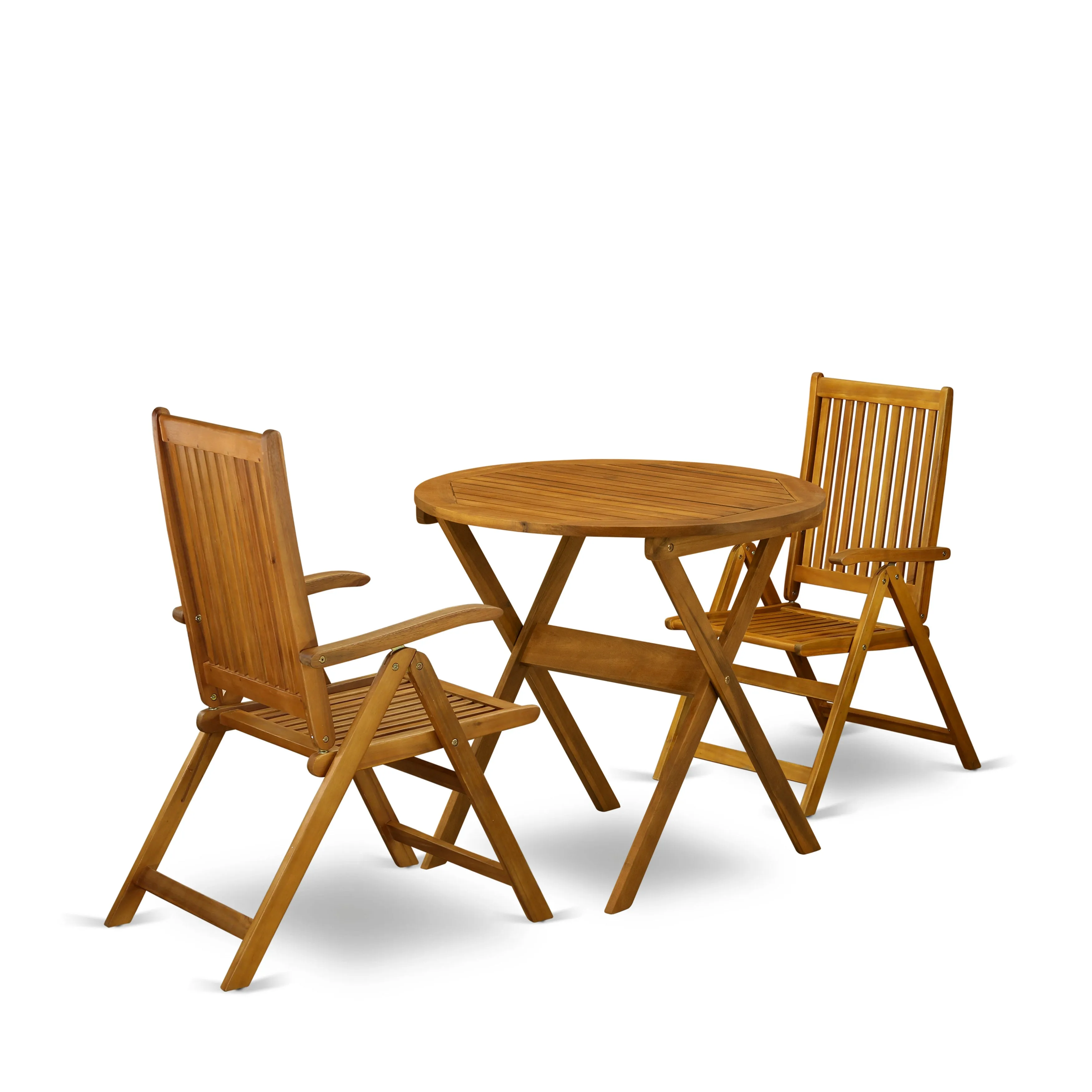 East West Furniture MNCN3C5NA 3 Piece Outdoor Conversation Bistro Set Contains a Round Acacia Wood Coffee Table and 2 Folding Adjustable Arm Chairs, 30x30 Inch, Natural Oil
