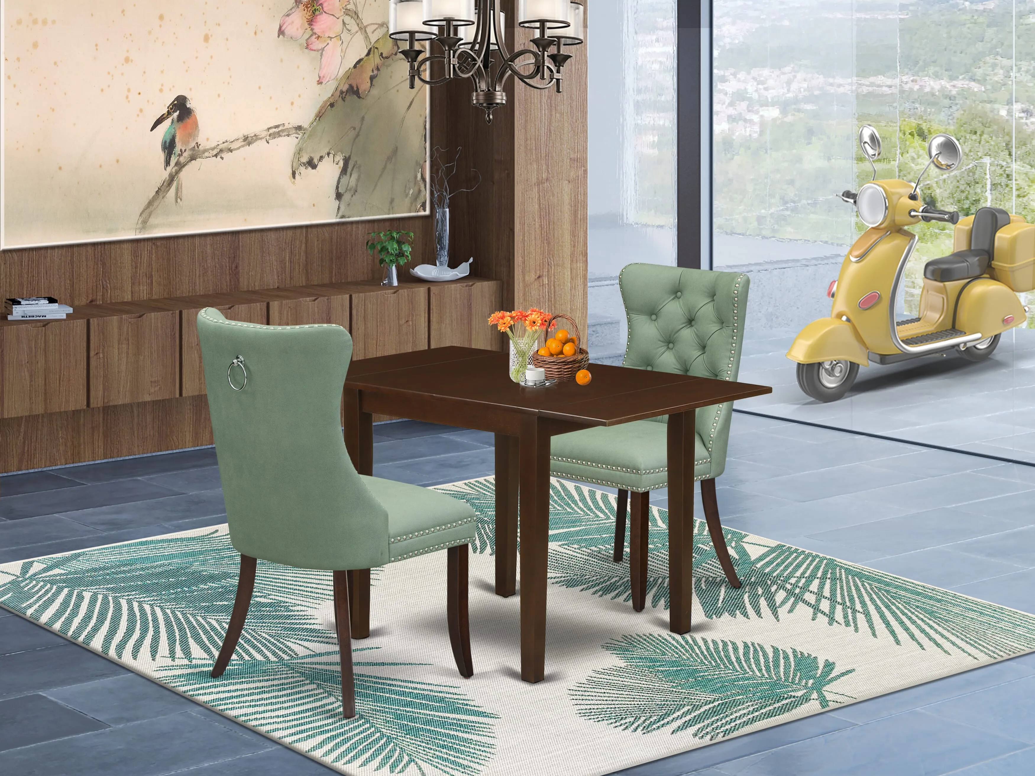 East West Furniture NDDA3-MAH-22 3 Piece Dining Table Set Contains a Rectangle Kitchen Table with Dropleaf and 2 Upholstered Chairs, 30x48 Inch, Mahogany