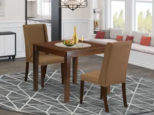 East West Furniture OXFL3-MAH-18 3 Piece Modern Dining Table Set Contains a Square Wooden Table and 2 Brown Linen Linen Fabric Upholstered Chairs, 36x36 Inch, Mahogany