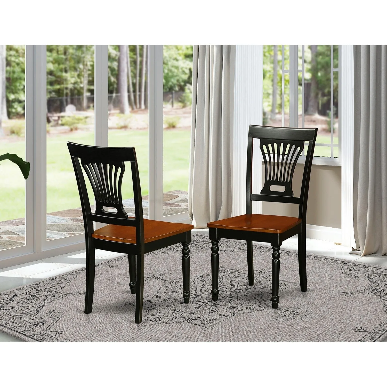 East West Furniture PVC-BLK-W Plainville Dining Chairs - Stylish Back Wooden Seat Chairs, Set of 2, Black & Cherry