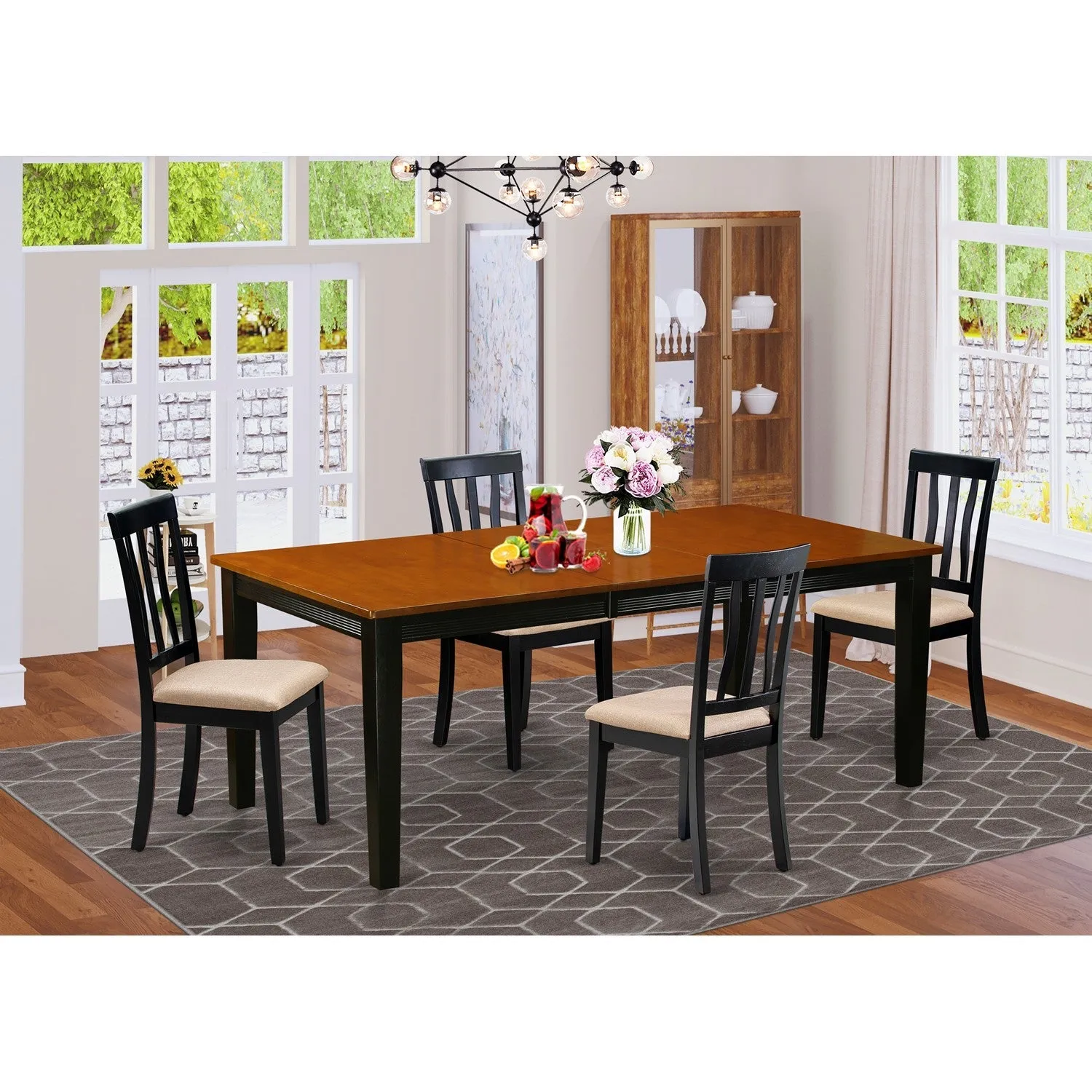 East West Furniture QUAN5-BCH-C 5 Piece Kitchen Table Set for 4 Includes a Rectangle Dining Room Table with Butterfly Leaf and 4 Linen Fabric Upholstered Chairs, 40x78 Inch, Black & Cherry