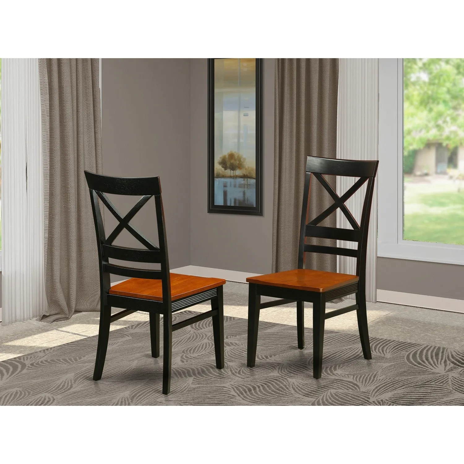 East West Furniture QUC-BLK-W Quincy Kitchen Dining Chairs - Cross Back Wooden Seat Chairs, Set of 2, Black & Cherry
