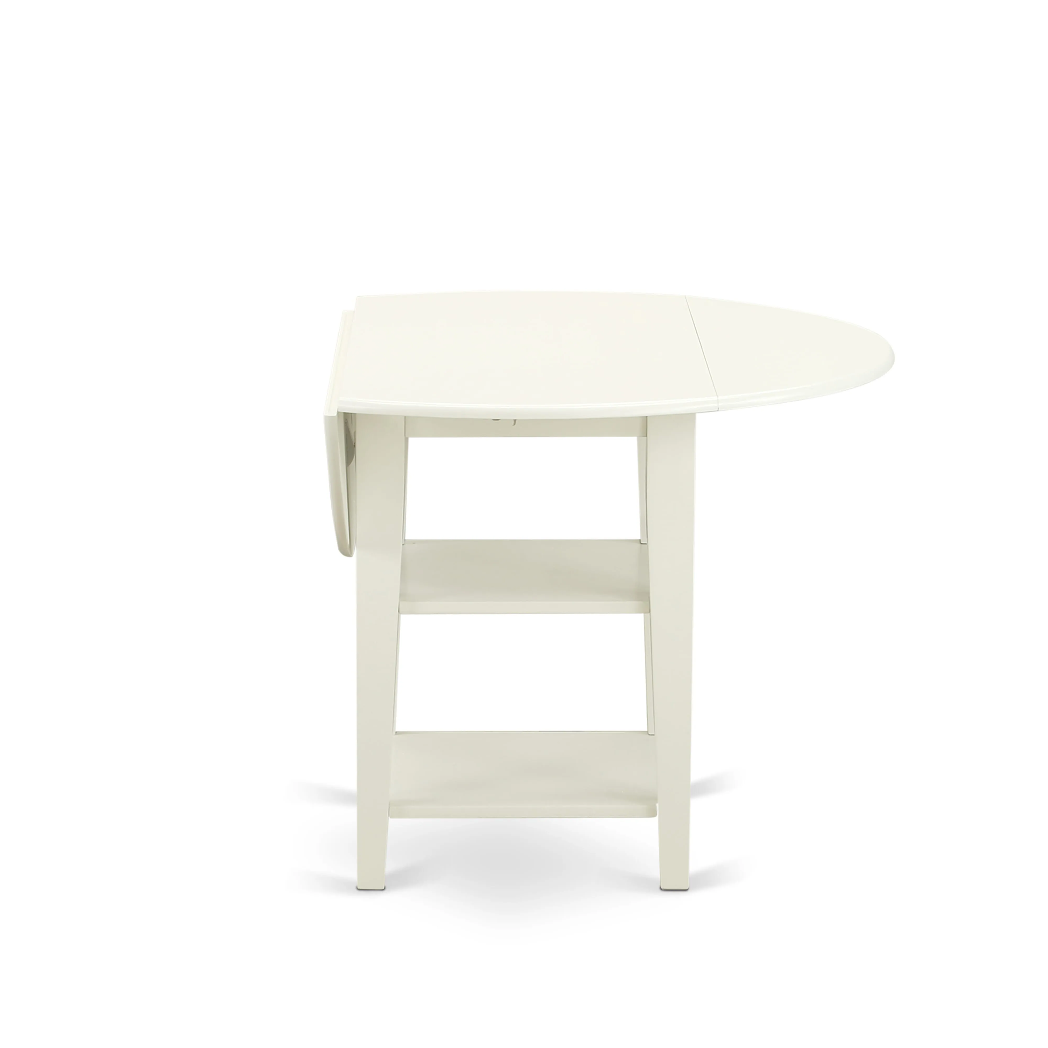 East West Furniture SUDA5-LWH-27 5 Piece Kitchen Set Consists of a Round Dining Table with Dropleaf & Shelves and 4 Upholstered Chairs, 42x42 Inch, linen white