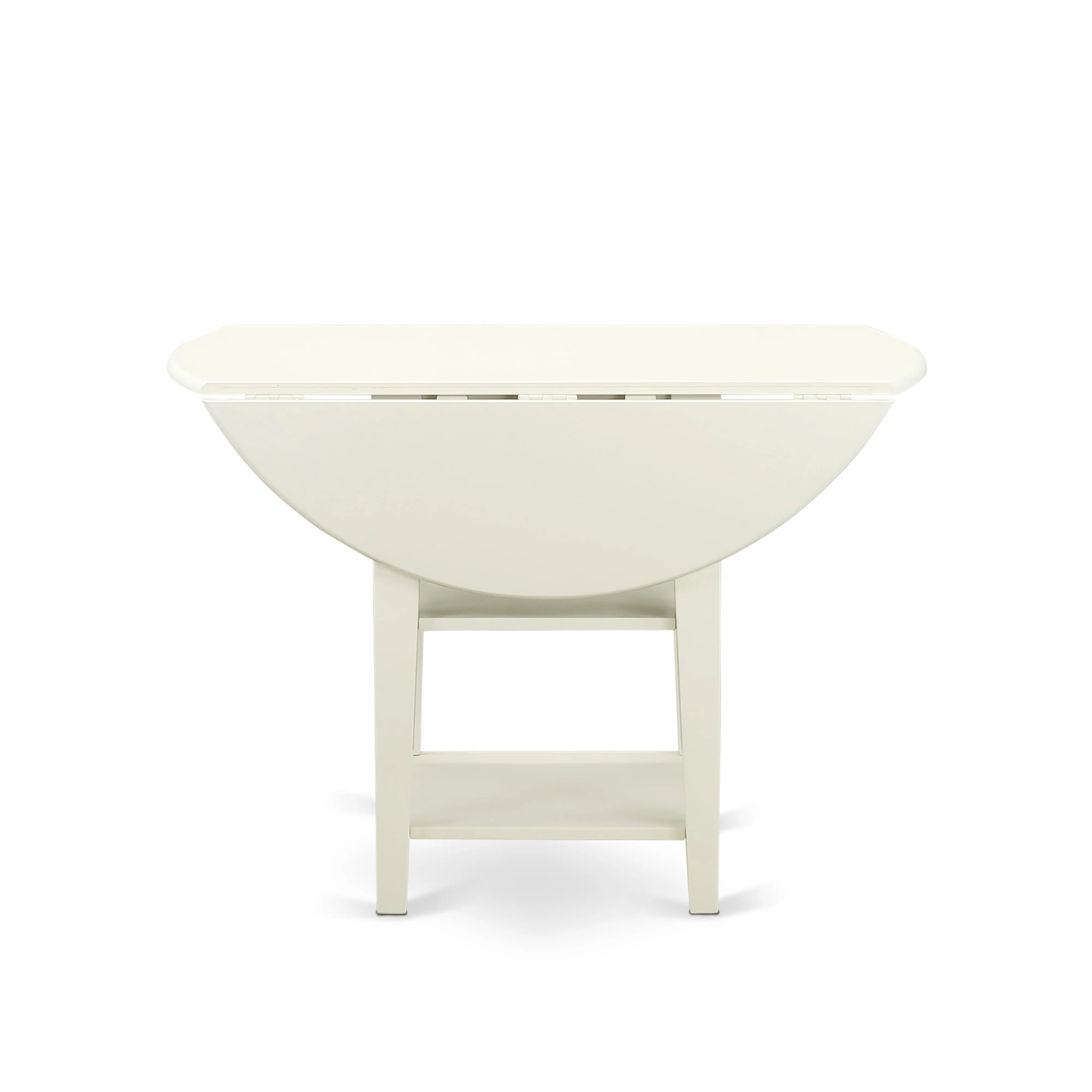 East West Furniture SUDA5-LWH-27 5 Piece Kitchen Set Consists of a Round Dining Table with Dropleaf & Shelves and 4 Upholstered Chairs, 42x42 Inch, linen white