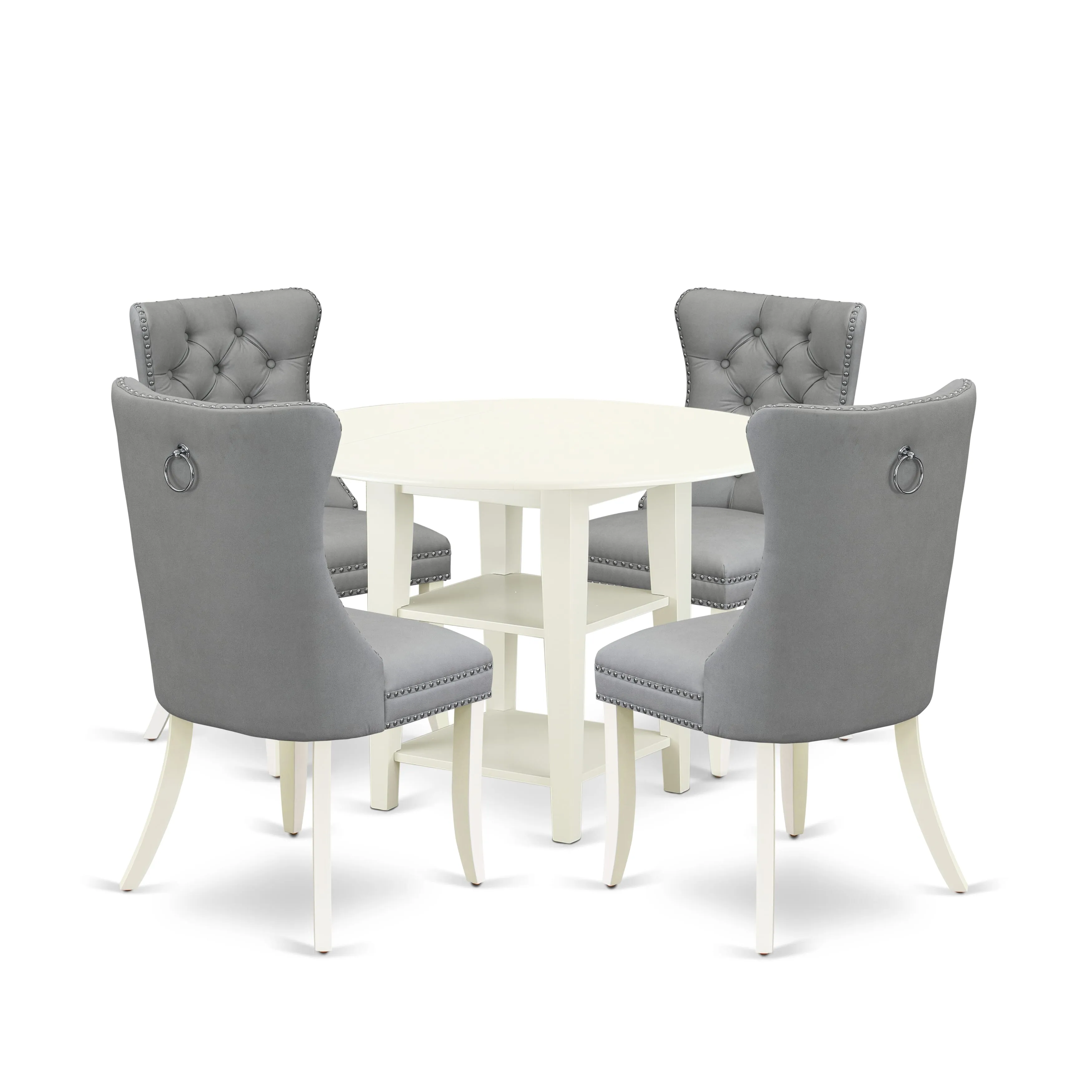 East West Furniture SUDA5-LWH-27 5 Piece Kitchen Set Consists of a Round Dining Table with Dropleaf & Shelves and 4 Upholstered Chairs, 42x42 Inch, linen white