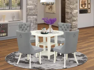 East West Furniture SUDA5-LWH-27 5 Piece Kitchen Set Consists of a Round Dining Table with Dropleaf & Shelves and 4 Upholstered Chairs, 42x42 Inch, linen white