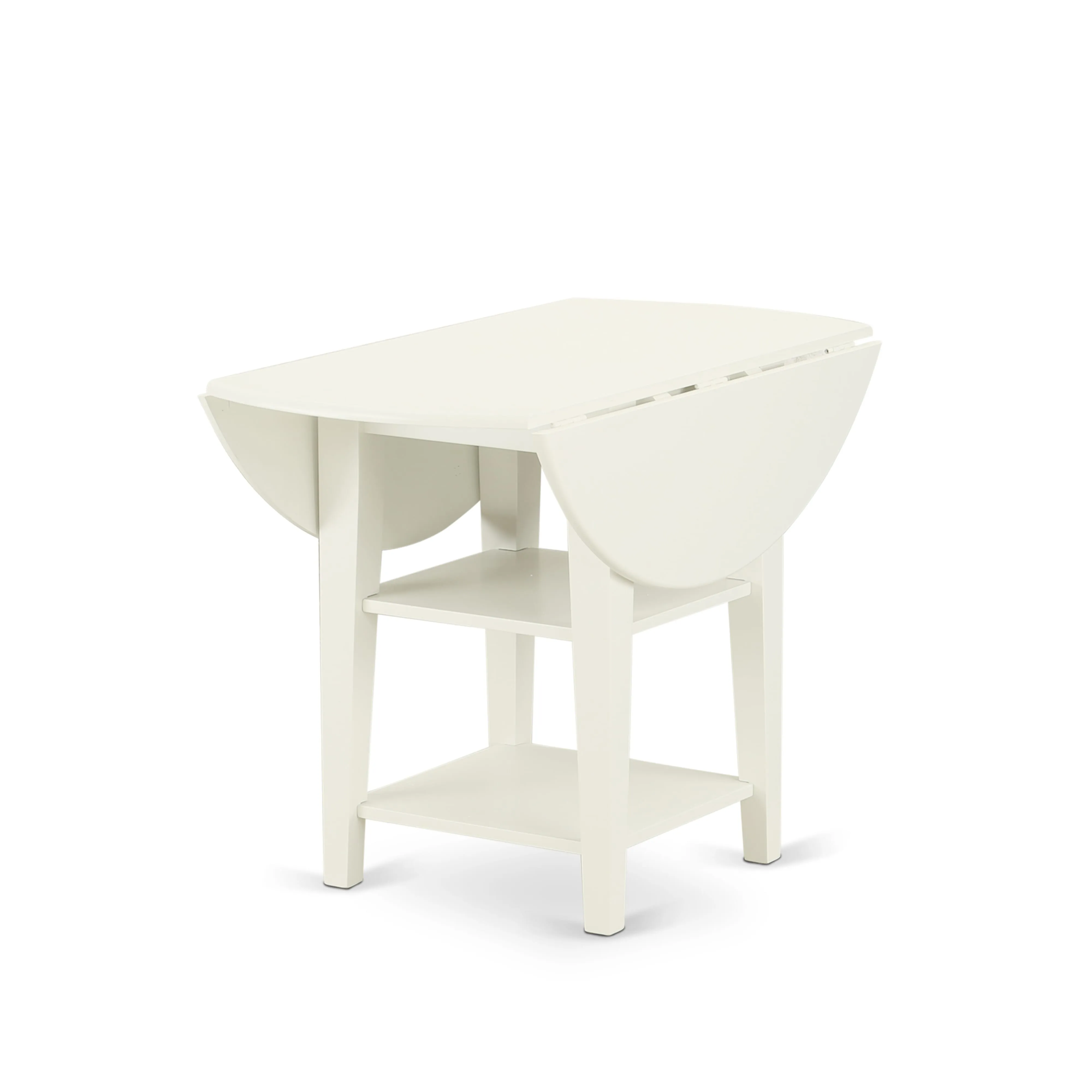 East West Furniture SUDA5-LWH-27 5 Piece Kitchen Set Consists of a Round Dining Table with Dropleaf & Shelves and 4 Upholstered Chairs, 42x42 Inch, linen white