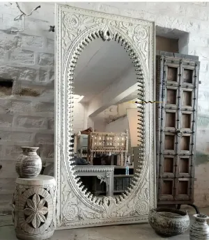 GLOBAL WOOD Wooden Hand Carved Decorative Wall Mirror Frame in Solid Mango Wood without Mirror Jharoka (Size 5 * 3 FT) (White) (White Distress)