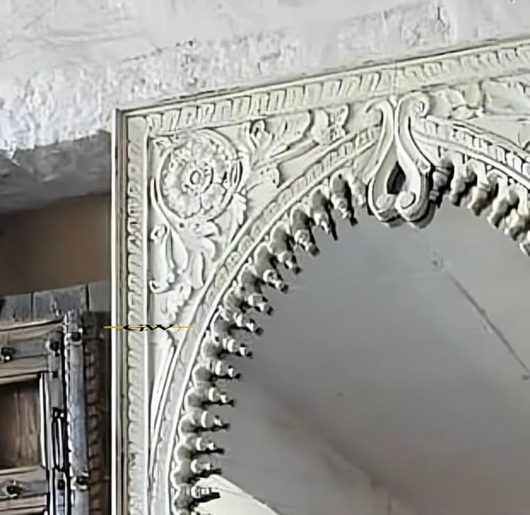 GLOBAL WOOD Wooden Hand Carved Decorative Wall Mirror Frame in Solid Mango Wood without Mirror Jharoka (Size 5 * 3 FT) (White) (White Distress)