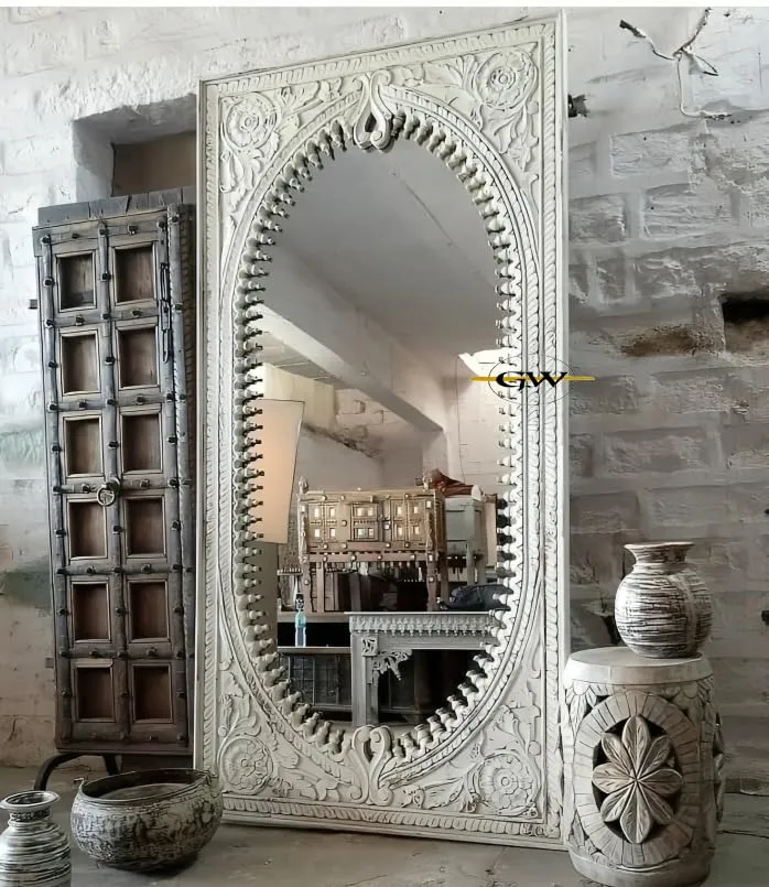 GLOBAL WOOD Wooden Hand Carved Decorative Wall Mirror Frame in Solid Mango Wood without Mirror Jharoka (Size 5 * 3 FT) (White) (White Distress)