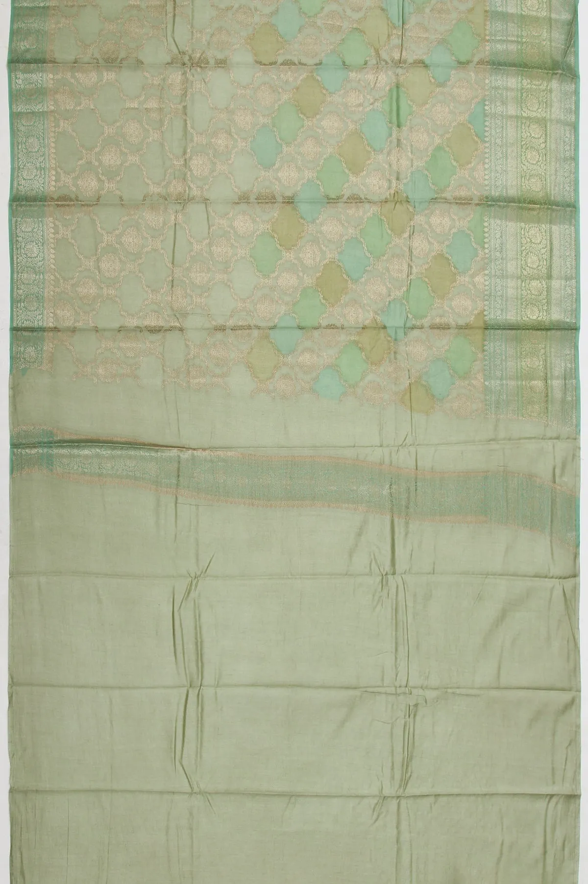 Green Chiniya Silk Saree with Gold Zari Leaf Design and Floral Creeper