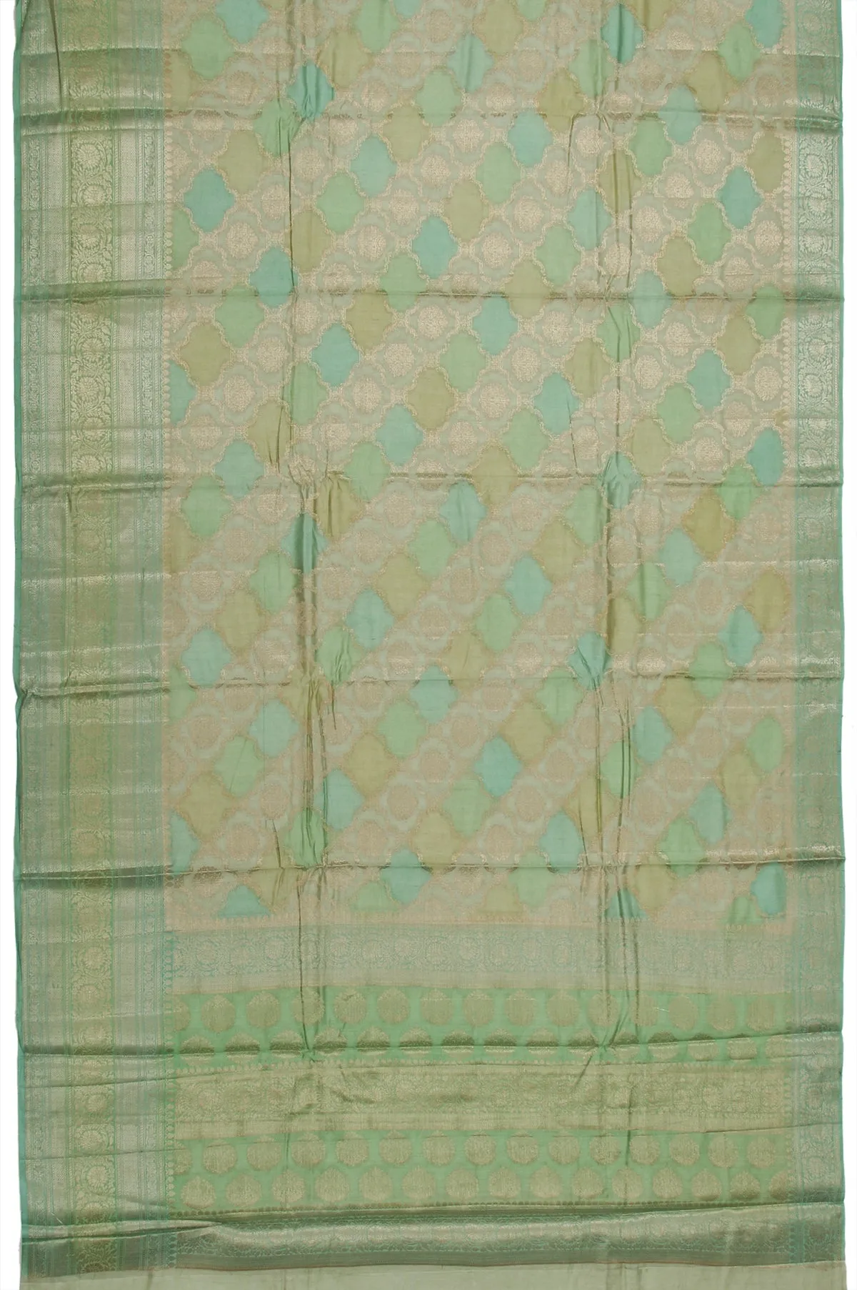 Green Chiniya Silk Saree with Gold Zari Leaf Design and Floral Creeper