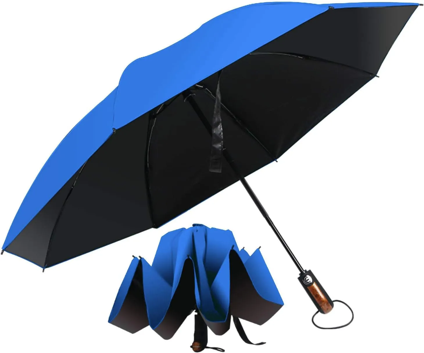 HAILSTORM Folding Reverse Umbrella with UV and UPF50  Protection - Inverted Windproof Umbrellas with Lightweight Fiberglass Frame - Royal Blue