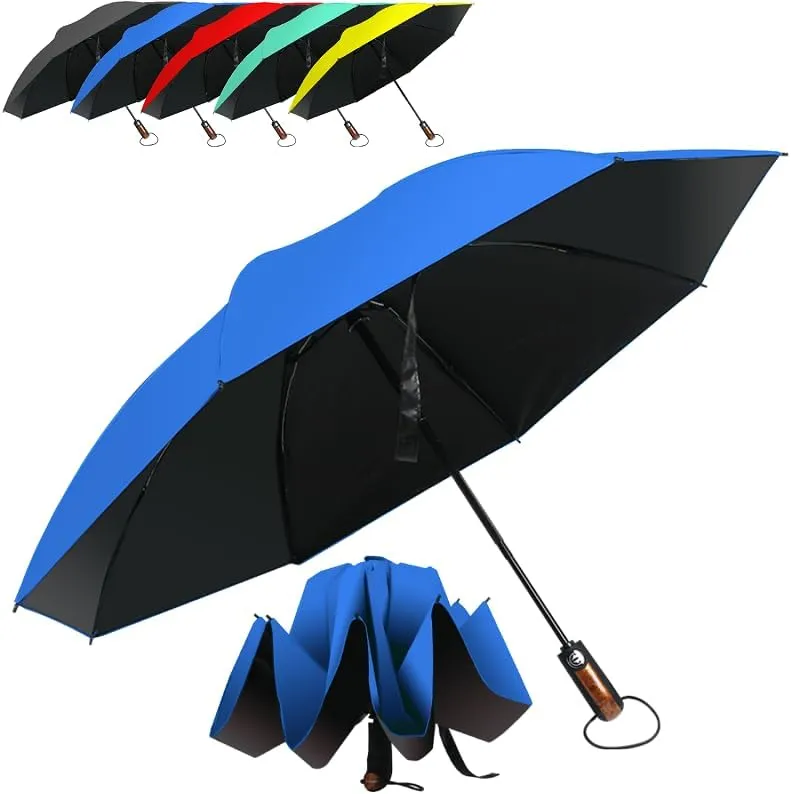 HAILSTORM Folding Reverse Umbrella with UV and UPF50  Protection - Inverted Windproof Umbrellas with Lightweight Fiberglass Frame - Royal Blue