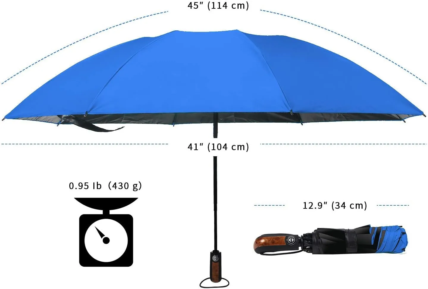 HAILSTORM Folding Reverse Umbrella with UV and UPF50  Protection - Inverted Windproof Umbrellas with Lightweight Fiberglass Frame - Royal Blue