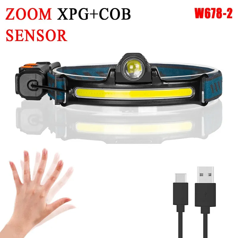 Headlamp XPG COB LED with Built-in Battery Flashlight USB Rechargeable 6 lighting Modes Head Torch