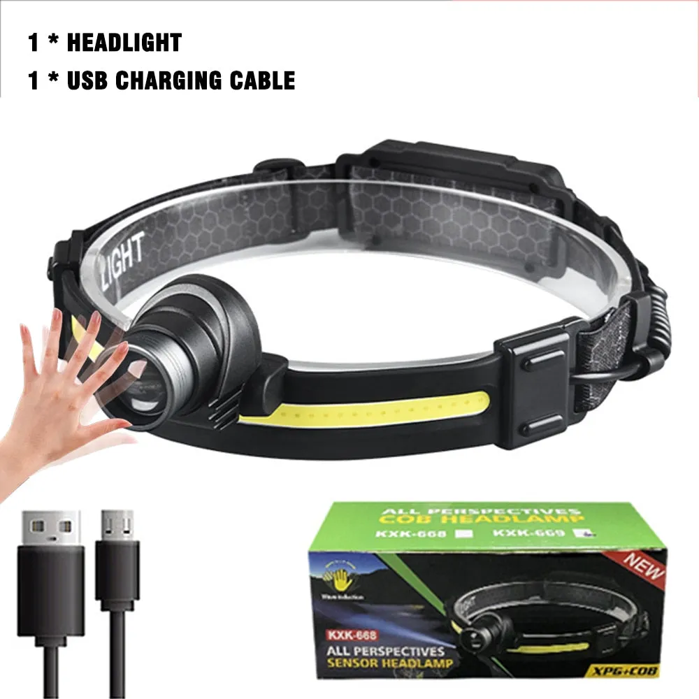 Headlamp XPG COB LED with Built-in Battery Flashlight USB Rechargeable 6 lighting Modes Head Torch