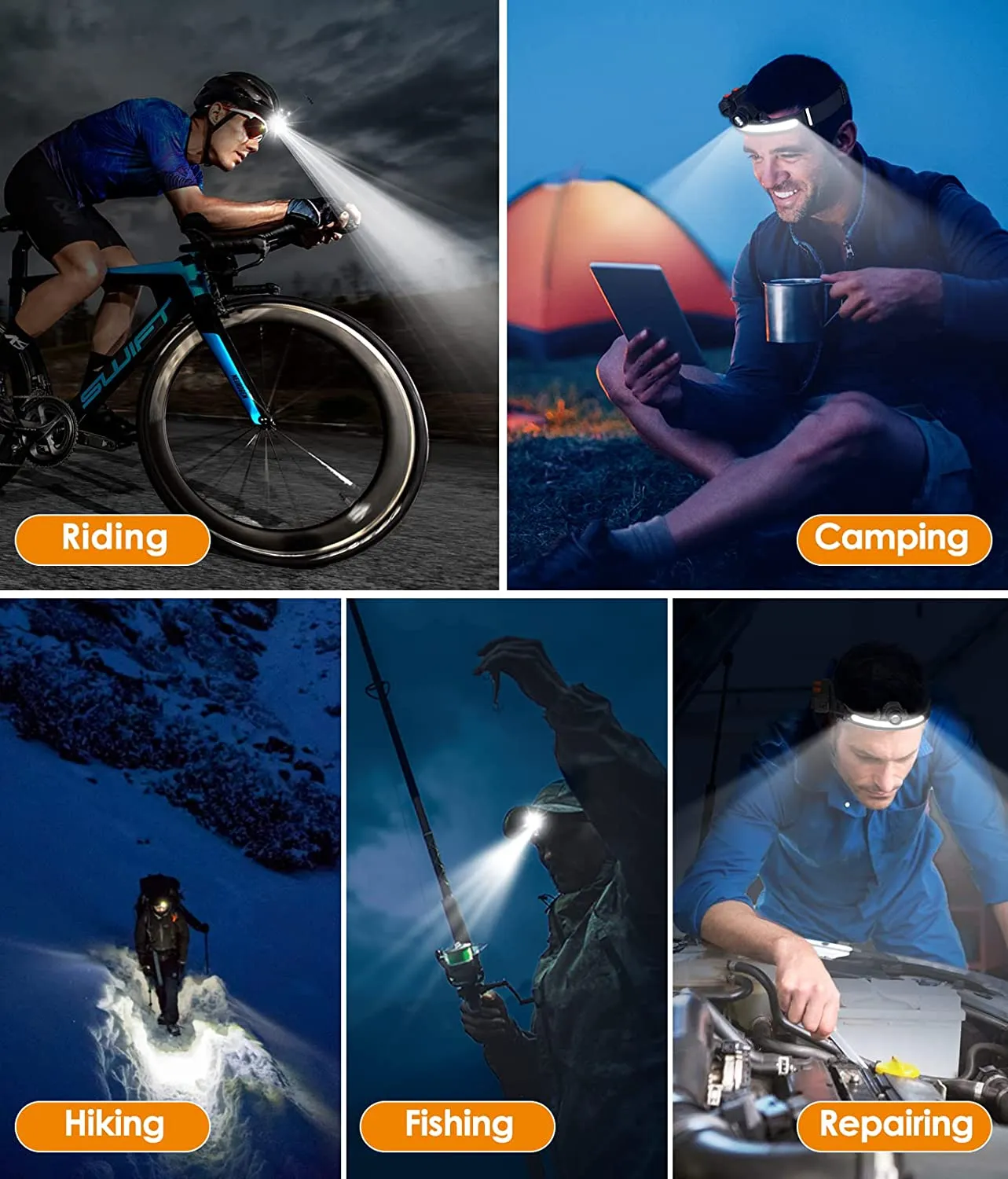 Headlamp XPG COB LED with Built-in Battery Flashlight USB Rechargeable 6 lighting Modes Head Torch