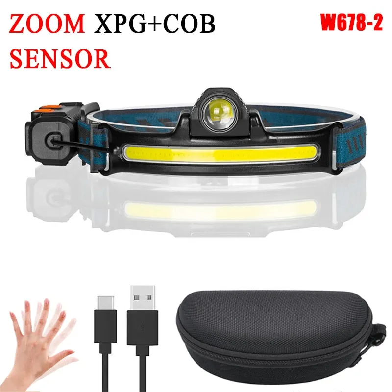 Headlamp XPG COB LED with Built-in Battery Flashlight USB Rechargeable 6 lighting Modes Head Torch