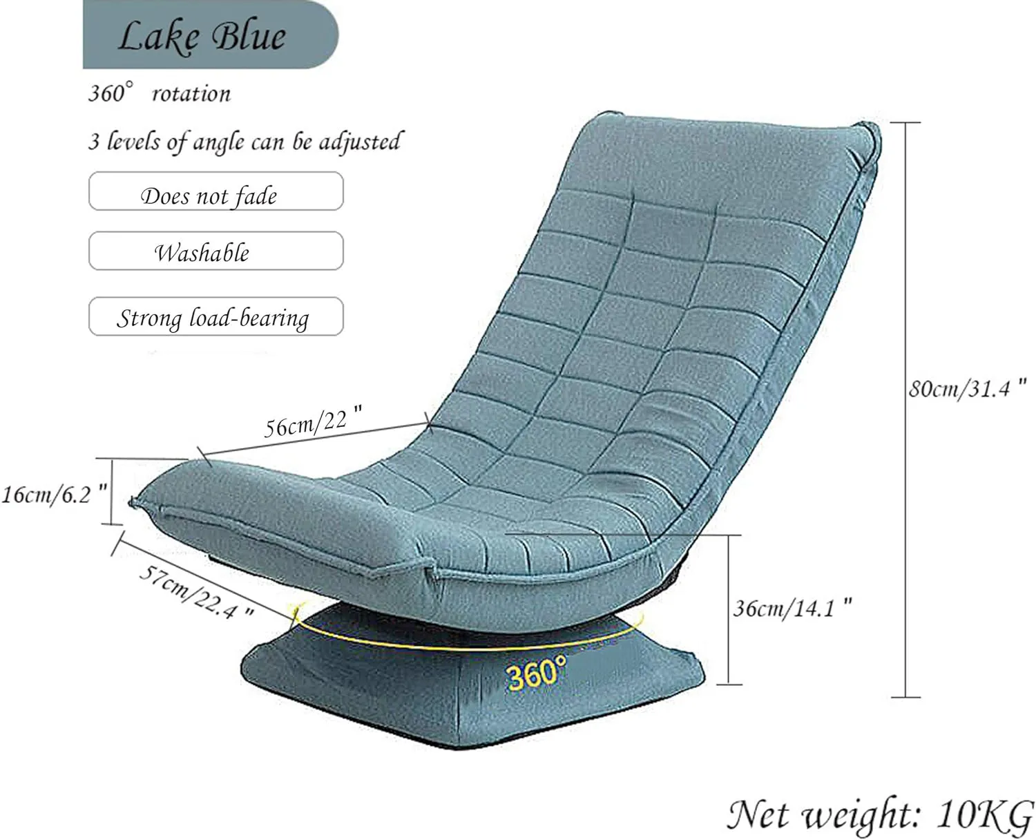 Kawachi Adjustable 5-Position Folding Recliner Floor Chair with 360 Degree Swivel- KAWY-4