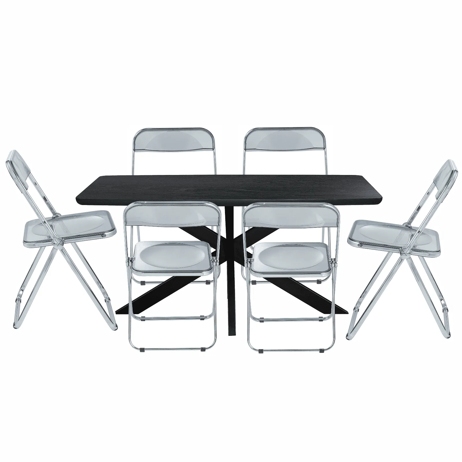 Lawrence 7-Piece Dining Set: Folding Acrylic Chairs & Rectangular Wood Table with Geometric Base