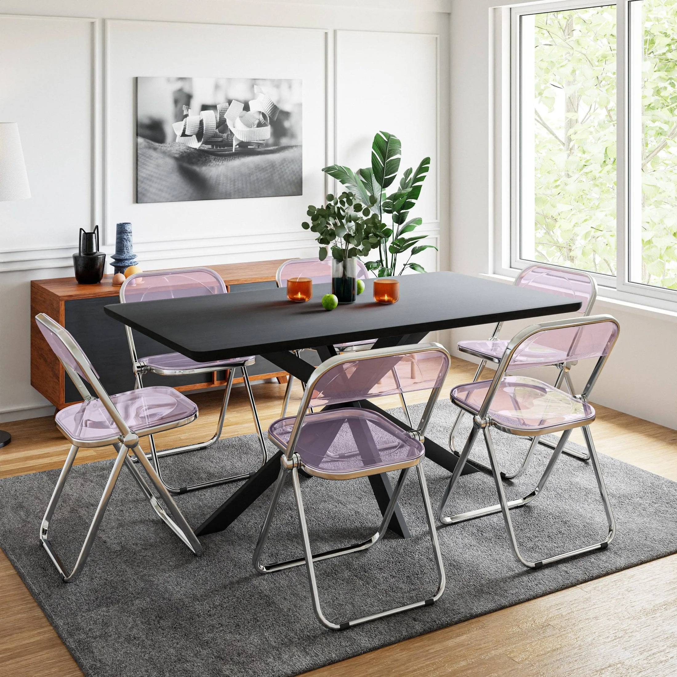 Lawrence 7-Piece Dining Set: Folding Acrylic Chairs & Rectangular Wood Table with Geometric Base