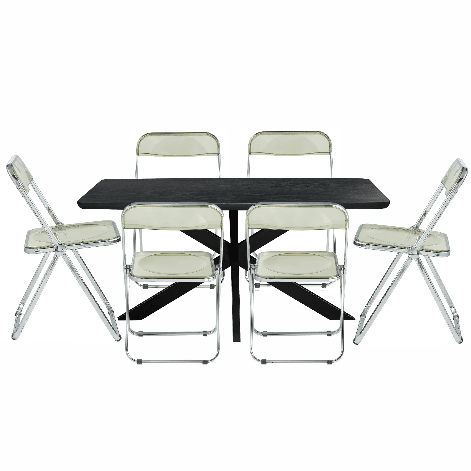 Lawrence 7-Piece Dining Set: Folding Acrylic Chairs & Rectangular Wood Table with Geometric Base