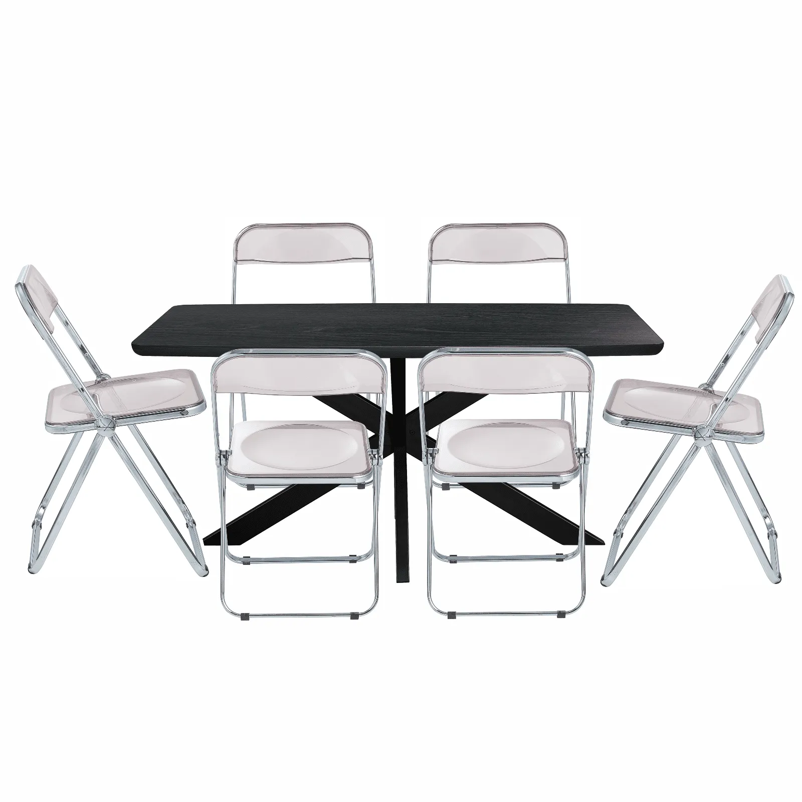 Lawrence 7-Piece Dining Set: Folding Acrylic Chairs & Rectangular Wood Table with Geometric Base