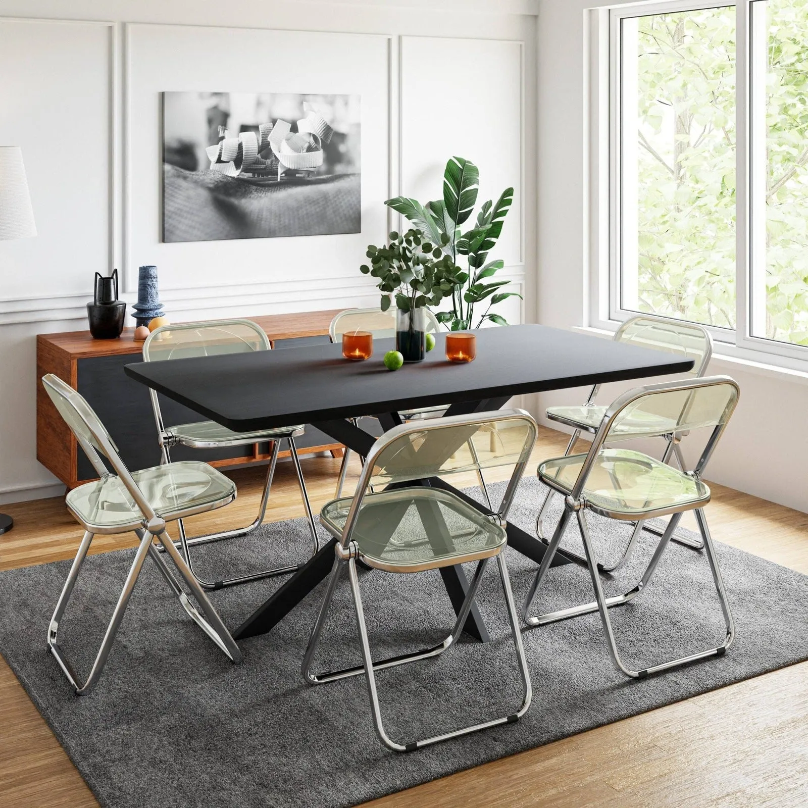 Lawrence 7-Piece Dining Set: Folding Acrylic Chairs & Rectangular Wood Table with Geometric Base