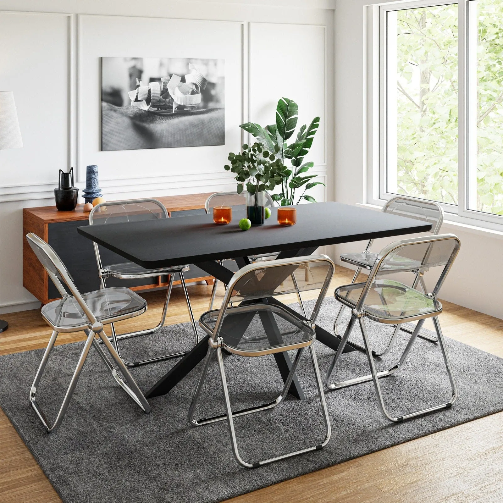 Lawrence 7-Piece Dining Set: Folding Acrylic Chairs & Rectangular Wood Table with Geometric Base