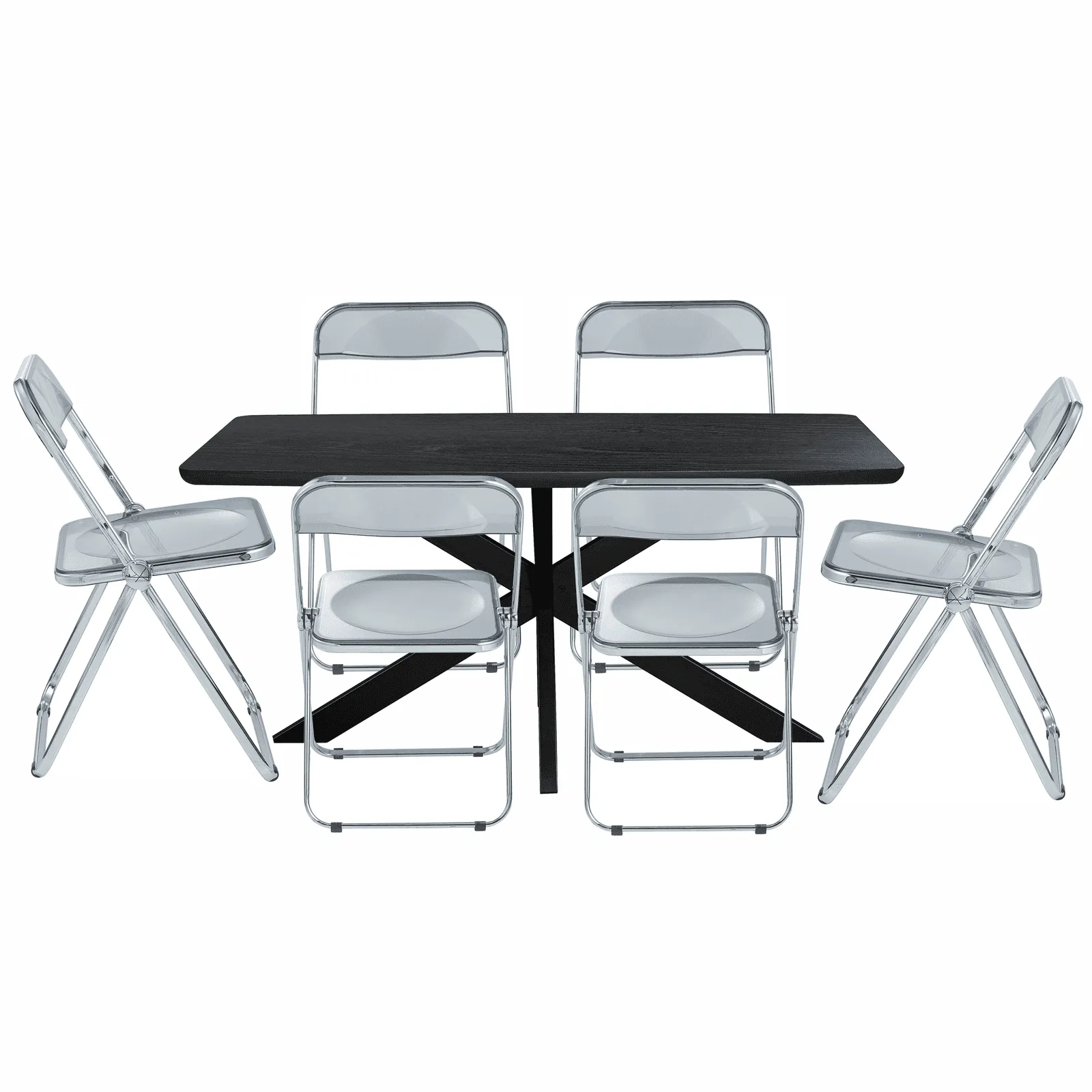 Lawrence 7-Piece Dining Set: Folding Acrylic Chairs & Rectangular Wood Table with Geometric Base