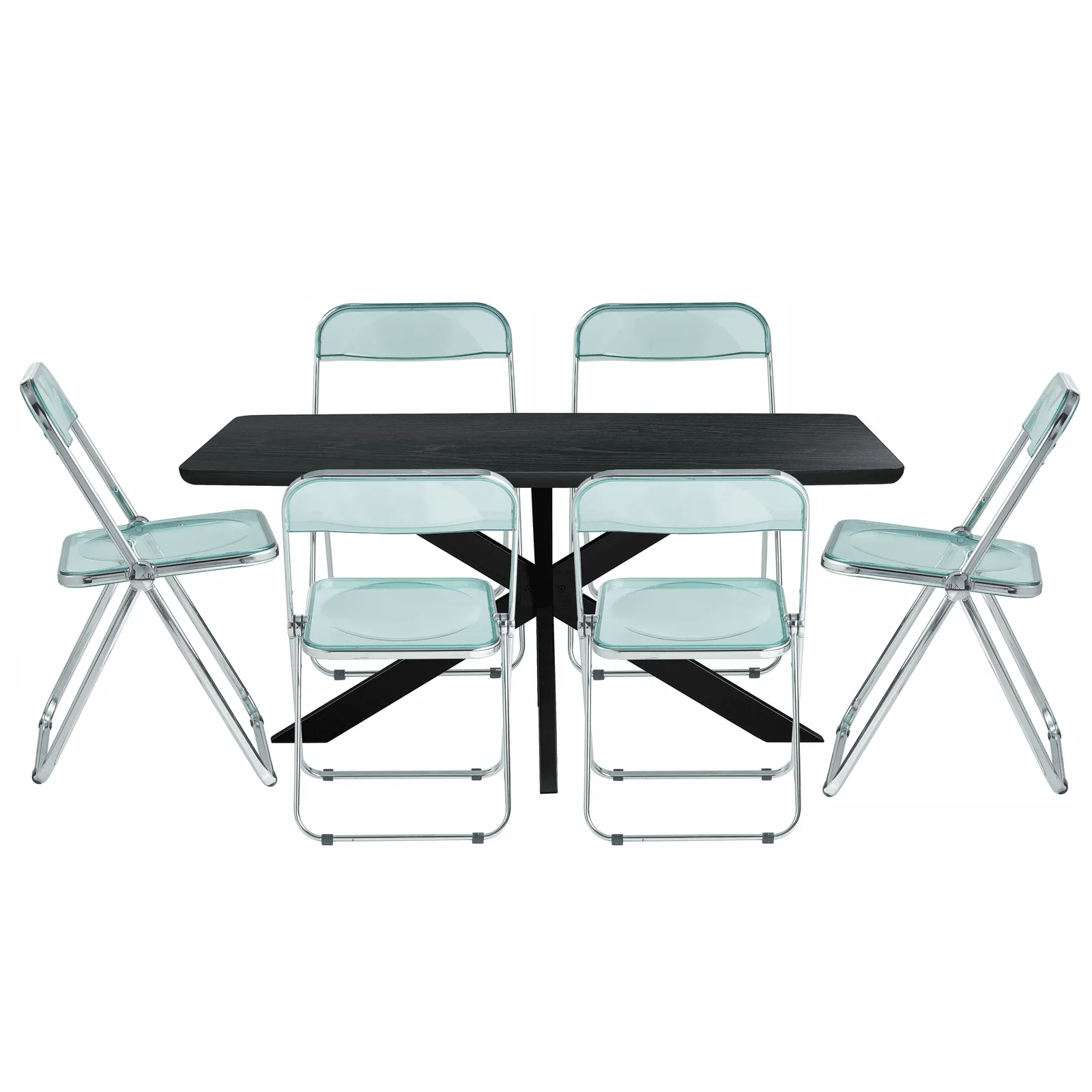 Lawrence 7-Piece Dining Set: Folding Acrylic Chairs & Rectangular Wood Table with Geometric Base