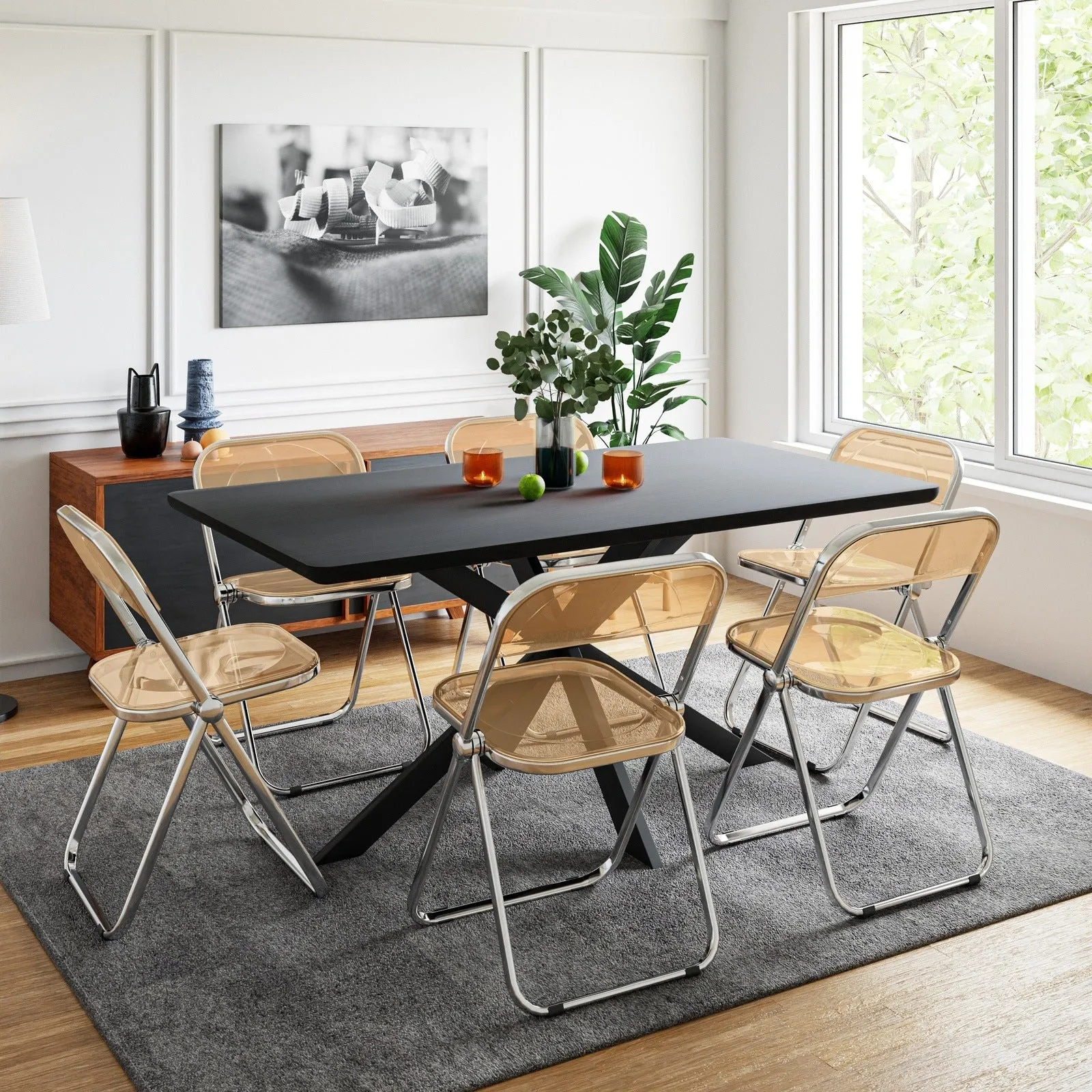 Lawrence 7-Piece Dining Set: Folding Acrylic Chairs & Rectangular Wood Table with Geometric Base