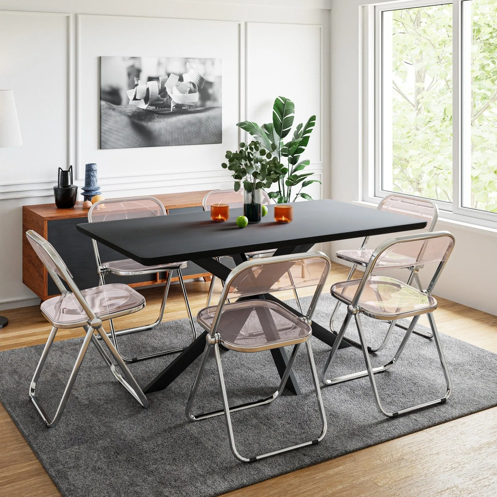 Lawrence 7-Piece Dining Set: Folding Acrylic Chairs & Rectangular Wood Table with Geometric Base