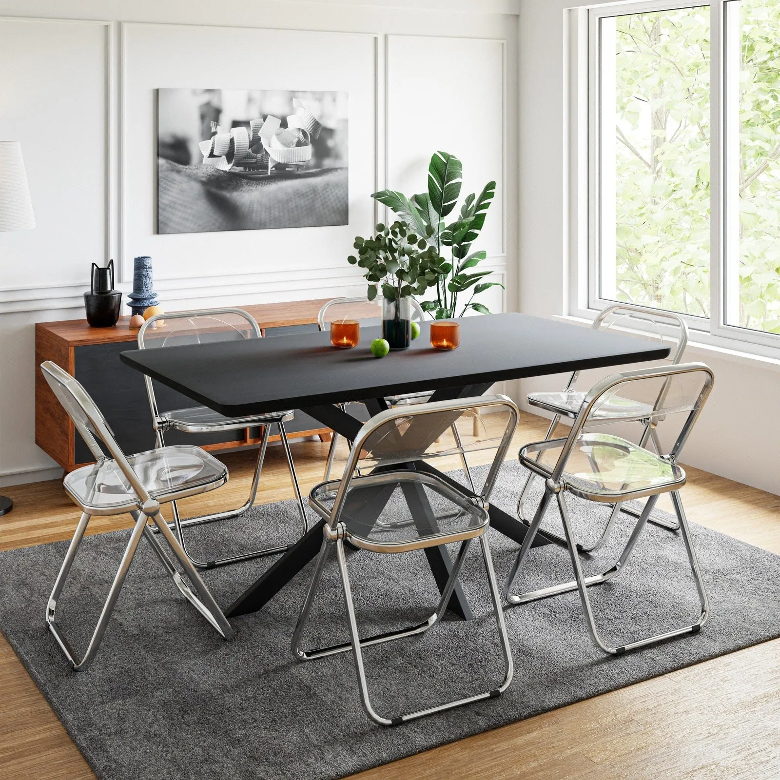 Lawrence 7-Piece Dining Set: Folding Acrylic Chairs & Rectangular Wood Table with Geometric Base