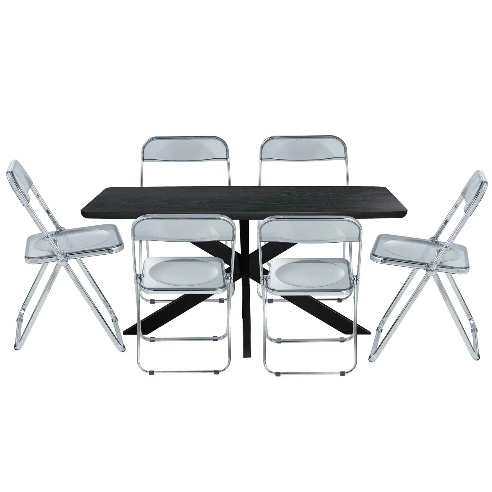 Lawrence 7-Piece Dining Set: Folding Acrylic Chairs & Rectangular Wood Table with Geometric Base