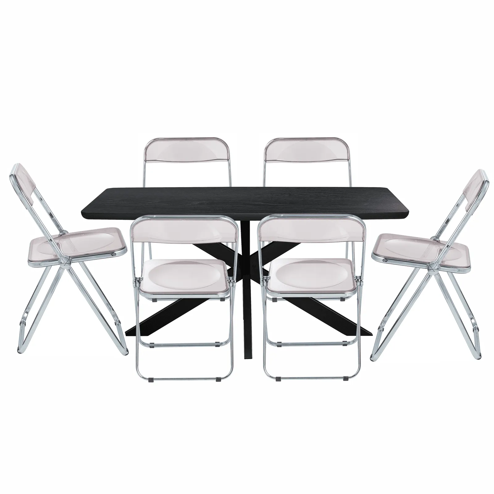 Lawrence 7-Piece Dining Set: Folding Acrylic Chairs & Rectangular Wood Table with Geometric Base